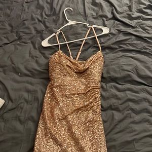 Gold/Rose Gold Long Floor Length Dress with Thigh high Slit.